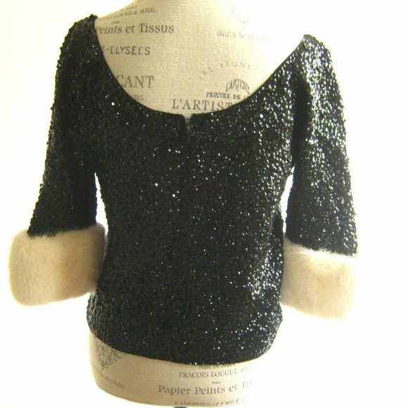 Vintage Black Sequin/fur Crop-Top 1970 Era-med/lrg - Picture 5 of 6